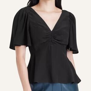 A New Day | Open Bow Back Peplum Flutter Sleeve V-Neck Black Blouse Size Large